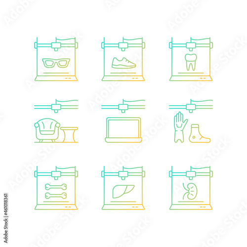 Additive manufacturing gradient linear vector icons set. Producing 3d models. Printed prosthetics. Bioprinting. Thin line contour symbols bundle. Isolated outline illustrations collection