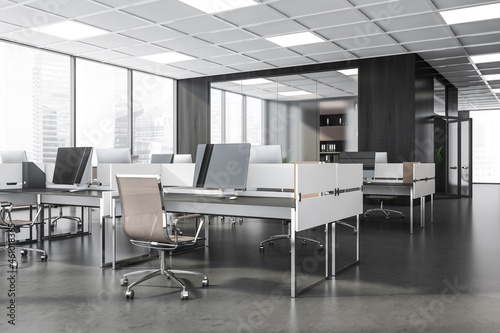 Business room interior with office furniture and private manager room  city view