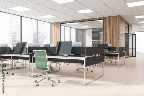 Business room interior with office furniture and private manager room, city view