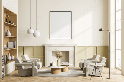 Light living room interior with four armchairs  bookshelf and poster mock up