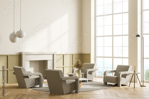 Light living room interior with four armchairs and fireplace with window, mockup