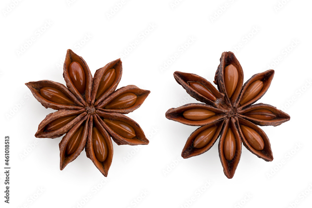 Star anise or Illicium verum fruits isolated on white background with clipping path.top view,flat lay. Star anise or Illicium verum fruits isolated on white background with clipping path.top view,flat lay.