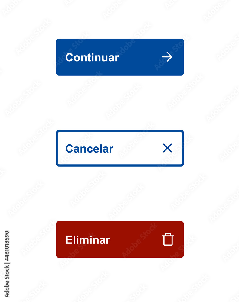 Isolated buttons interface with Spanish words and icons, symbols. Web, app interface. Flat style vector illustration isolated on white background. Isolated buttons interface with Spanish words and icons, symbols. Web, app interface. Flat style vector illustration isolated on white background.