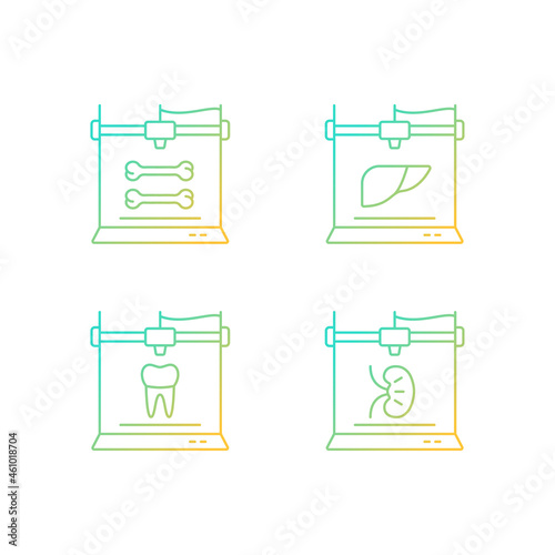 Three dimensional bioprinting gradient linear vector icons set. Biotech printing project. Bone model. Dental implants. Thin line contour symbols bundle. Isolated outline illustrations collection