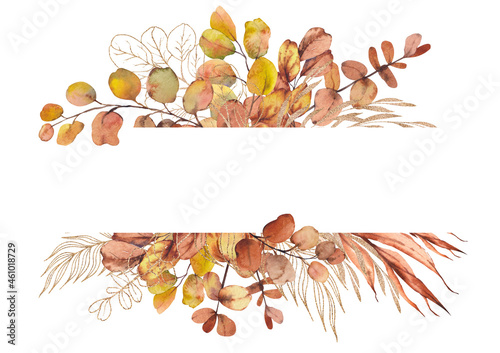 Eucalyptus leaves and branches frame. Watercolor and gold line illustration isolated on white background. photo