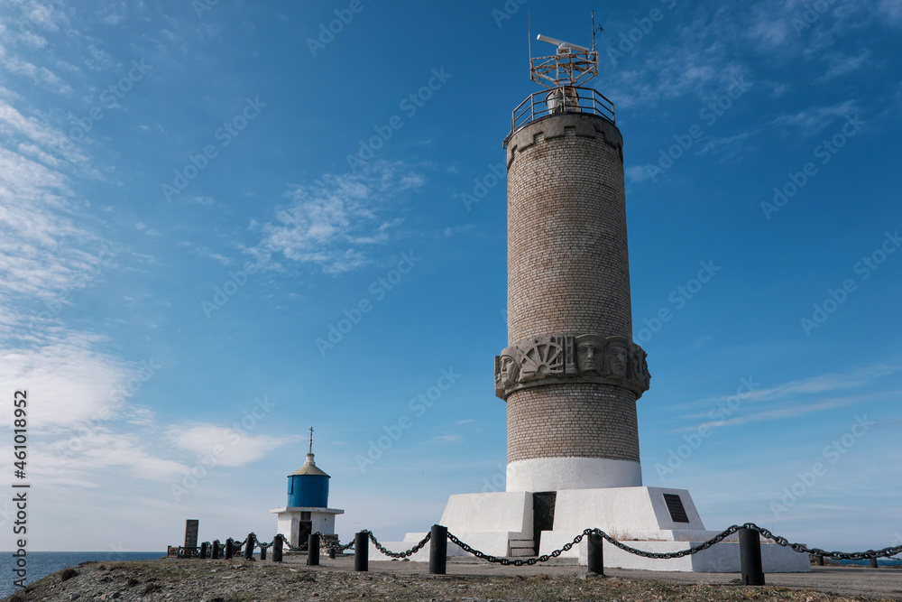 View of Utrish lighthouse on sunny winter day. Krasnodar Krai, Russia.