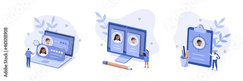 Characters choosing best candidate for job. Hr managers searching new employee. Recruitment process. Human resource management and hiring concept. Flat isometric vector illustration and icon set.
