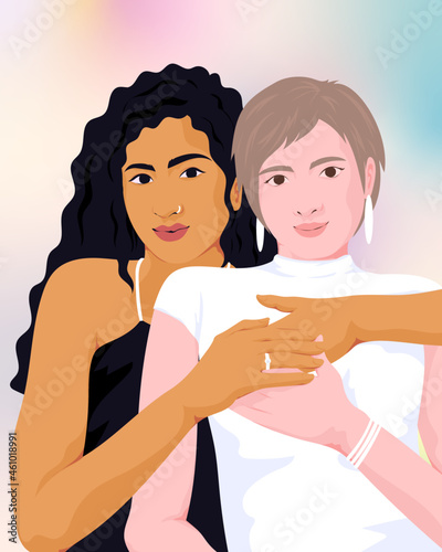 Interracial female couple hugging