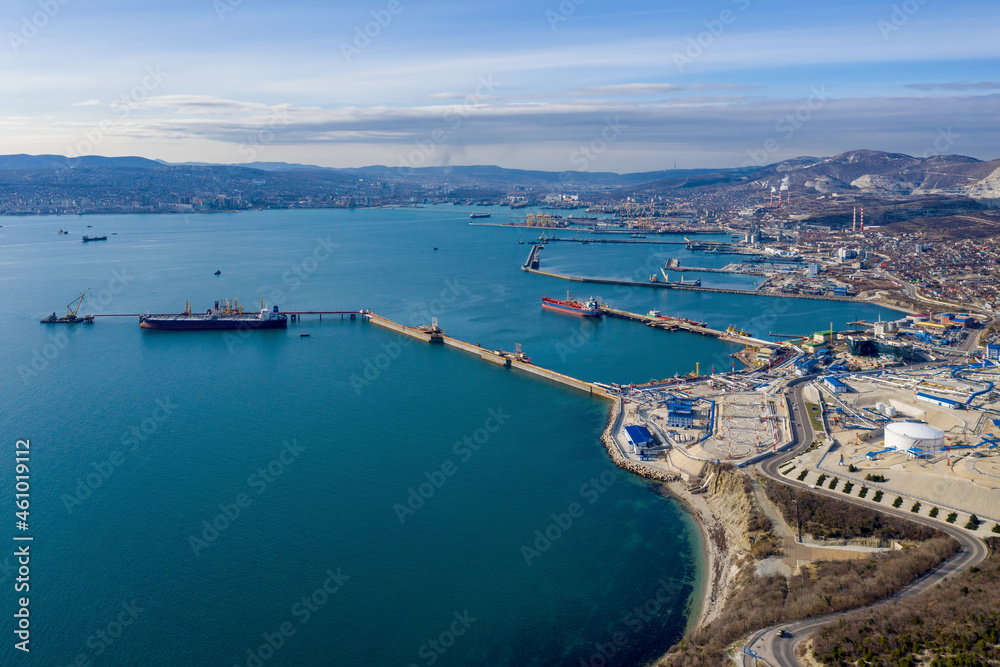 Aerial view of the town and the port on sunny winter day. Novorossiysk, Krasnodar Krai, Russia.