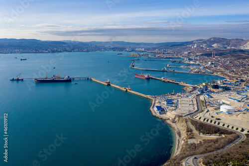 Aerial view of the town and the port on sunny winter day. Novorossiysk, Krasnodar Krai, Russia.