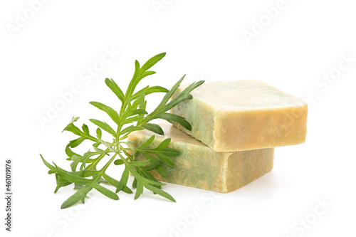 Soap with mugwort extract isolated on white background.