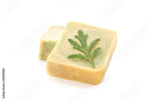 Soap with mugwort extract isolated on white background. photo