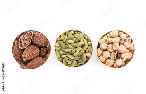 Cardamom , black cardamom and siam cardamom fruits isolated on white background with clipping path.top view,flat lay.