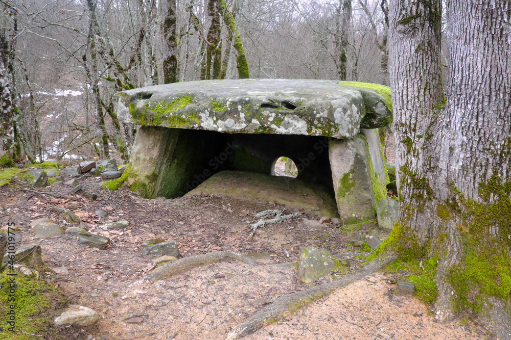 View of ancient dolmen in Pshada river gorge on cloudy winter day. Krasnodar Krai, Caucasus, Russia. View of ancient dolmen in Pshada river gorge on cloudy winter day. Krasnodar Krai, Caucasus, Russia.