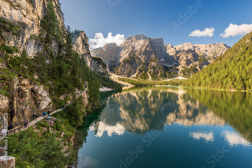 Pragser Wildsee or Lago di Braies. Small beautiful lake in Italian Alps and mountain range of Croda del Becco or Seekofel and Sasso del Signore. Dolomites, Trentino-Alto Adige, Italy, Europe.