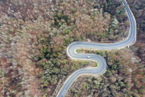 Drone view of mountain road in Vozrozhdenie village on winter day. Krasnodar Krai, Russia. photo