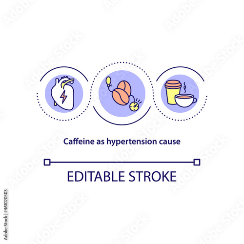 Caffeine as hypertension cause concept icon. Increase in blood pressure abstract idea thin line illustration. Habitual caffeine intake. Vector isolated outline color drawing. Editable stroke