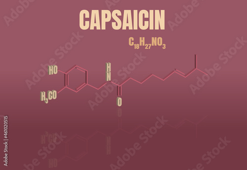 Capsaicin, alkaloid, molecule C18H27NO3, has non-narcotic analgesic properties. Structural chemical formula on red background. Vector illustration.
