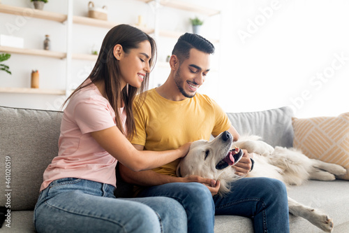 Portrait of happy young diverse couple scratching their cute dog, sitting on couch at home, copy space © Prostock-studio