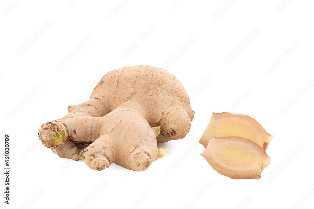 Ginger rhizome and green leaves isolated on white background with clipping.