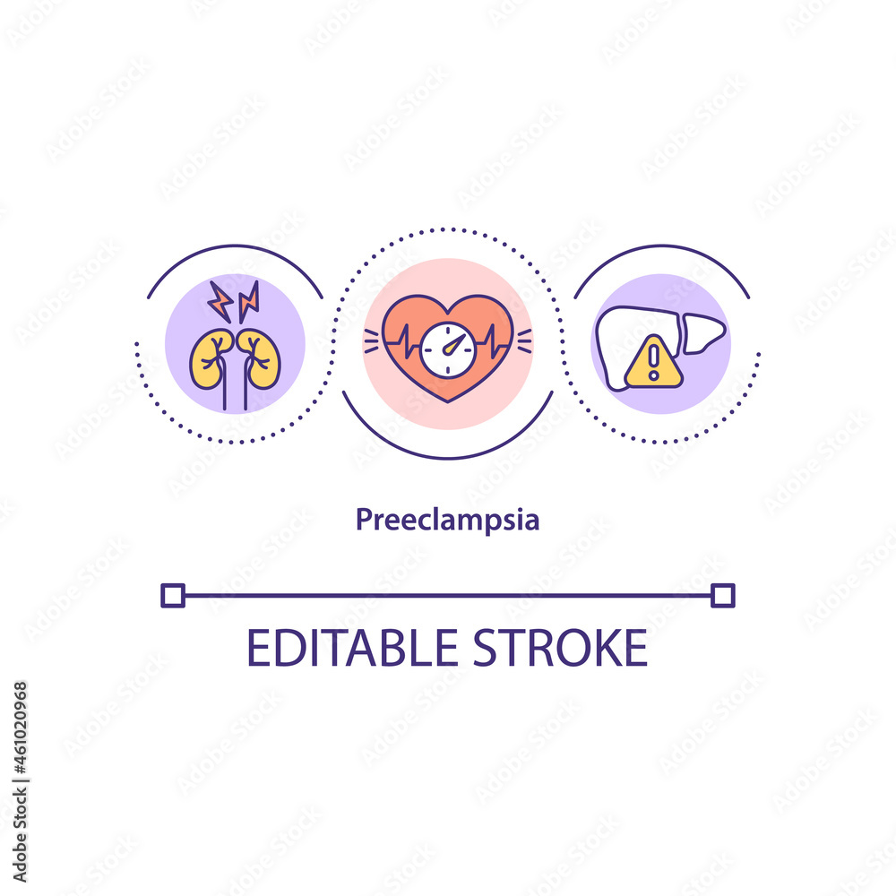 Preeclampsia concept icon. Cardiovascular disease risk abstract idea thin line illustration. Liver and kidneys damage. Pregnancy disorder. Vector isolated outline color drawing. Editable stroke Preeclampsia concept icon. Cardiovascular disease risk abstract idea thin line illustration. Liver and kidneys damage. Pregnancy disorder. Vector isolated outline color drawing. Editable stroke