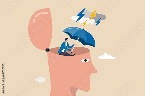 Mental health protection, depression or anxiety control or cure, help, support mental illness suffering concept, human head with his self using umbrella to protect from heavy raining storm depression.