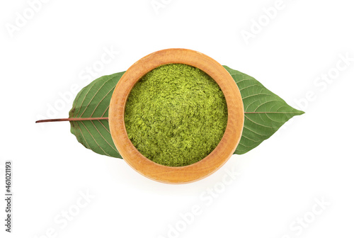 Kratom or Mitragyna speciosa and powder isolated on white background with clipping path.top view,flat lay. photo