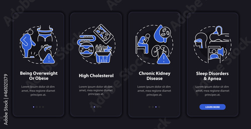 High blood pressure causes onboarding mobile app page screen. Being obese walkthrough 4 steps graphic instructions with concepts. UI  UX  GUI vector template with linear night mode illustrations