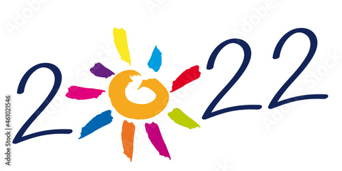 Carte de vœux sur le concept de l’espoir et de l’optimisme pour l’année 2022, avec le symbole d’un soleil aux rayons multicolore.