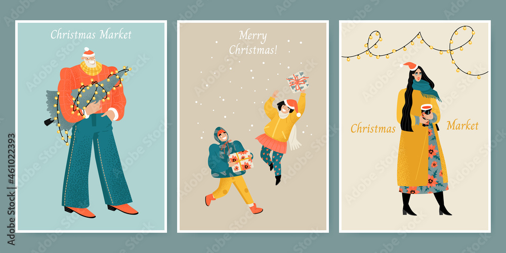 A set of cards for the Christmas market with cute characters of children with gifts, a man with a Christmas tree and a girl with mulled wine