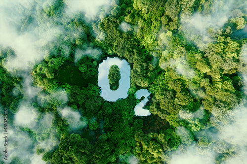 A lake in the shape of oxygen in the middle of a lush forest as a metaphor for the purifying processes of air through nature. 3d rendering. photo