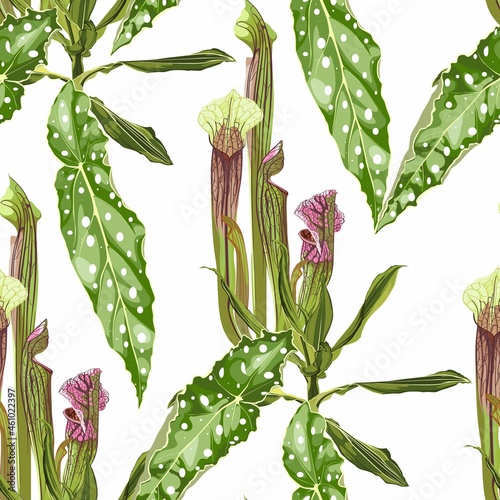 Tropical seamless pattern. Summer print. Jungle rainforest. Sarracenia, genus of carnivorous plants and orchids. Monkey cups exotic plant. Seamless floral pattern with exotic flowers and palm leaves.