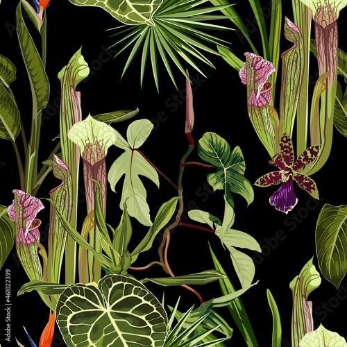 Tropical seamless pattern. Summer print. Jungle rainforest. Nepenthes, genus of carnivorous plants. Monkey cups exotic liana plant. Seamless floral pattern with exotic flowers and palm leaves.