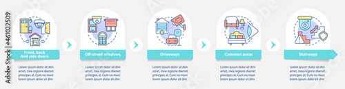 Home surveillance vector infographic template. Cameras location presentation outline design elements. Data visualization with 5 steps. Process timeline info chart. Workflow layout with line icons