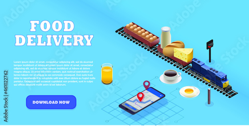 Illustration of breakfast products riding on toy railway train: bread, eggs, milk, cheese. Fried egg, orange juice, cup of coffee. Isometric locomotive. RPG game props. Text "Food Delivery". Vector.