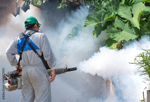 Rear view of outdoor healthcare worker using fogging machine spraying chemical to eliminate mosquitoes and prevent dengue fever on overgrown at slum area 