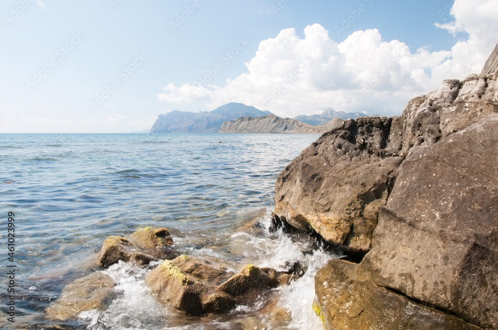 Landscape view of rocky beach and Black Sea coastline near Koktebel village, eastern Crimea, Russia Landscape view of rocky beach and Black Sea coastline near Koktebel village, eastern Crimea, Russia