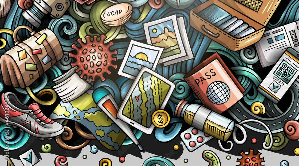 Fototapeta premium Traveling hand drawn doodle banner. Cartoon vector detailed flyer.