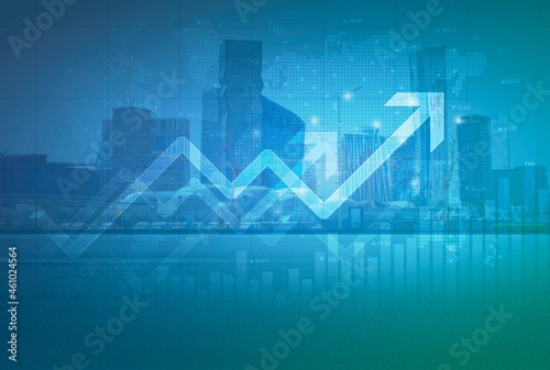 Stock market digital graph chart on LED display concept. A large display of daily stock market price and quotation. Indicator financial with buildings background