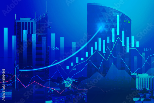 Stock market digital graph chart on LED display concept. A large display of daily stock market price and quotation. Indicator financial with buildings background
