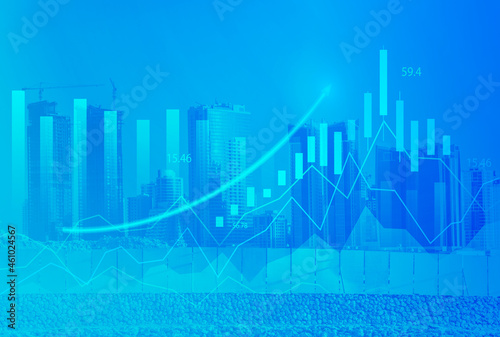 Stock market digital graph chart on LED display concept. A large display of daily stock market price and quotation. Indicator financial with buildings background