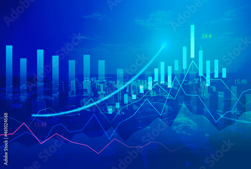 Stock market digital graph chart on LED display concept. A large display of daily stock market price and quotation. Indicator financial with buildings background
