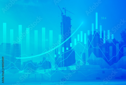Stock market digital graph chart on LED display concept. A large display of daily stock market price and quotation. Indicator financial with buildings background