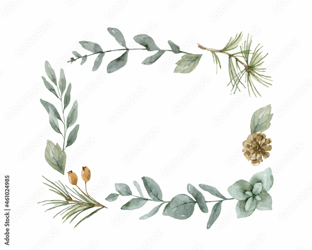 Watercolor vector wreath with green leaves and fir branches. Stock ...
