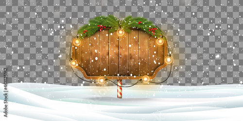 Vector Illustration of Christmas Wooden Signboard With Lights on Transparent Background, Xmas Greeting Card Template