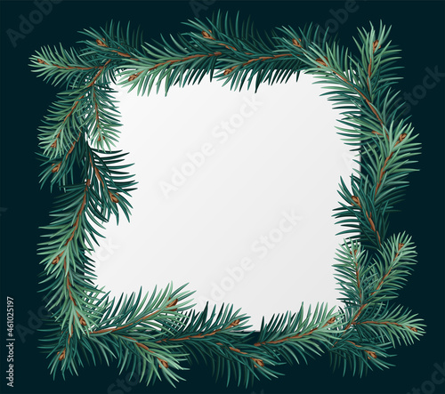 Vector Christmas square frame with pine tree branches and white paper. Christmas decoration concept © JL-art