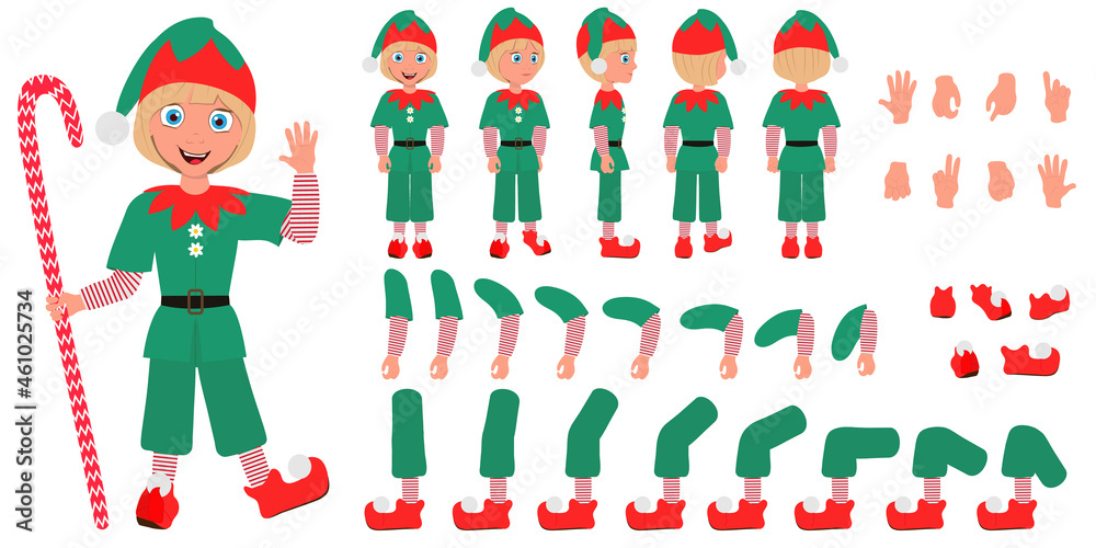 Flat Vector Conceptual Illustration of Kid Boy Wearing Christmas Elf Costume, Cartoon Character Set For Animation, Various Views, Poses and Gestures Flat Vector Conceptual Illustration of Kid Boy Wearing Christmas Elf Costume, Cartoon Character Set For Animation, Various Views, Poses and Gestures