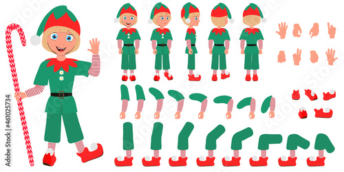Flat Vector Conceptual Illustration of Kid Boy Wearing Christmas Elf Costume, Cartoon Character Set For Animation, Various Views, Poses and Gestures