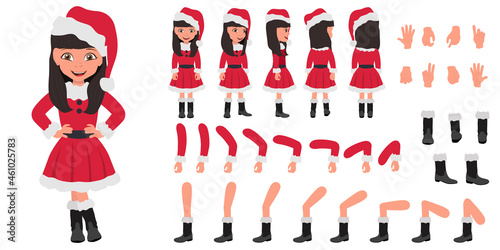 Flat Vector Conceptual Illustration of Kid Girl Wearing Santa Costume, Cartoon Character Set For Animation, Various Views, Poses and Gestures