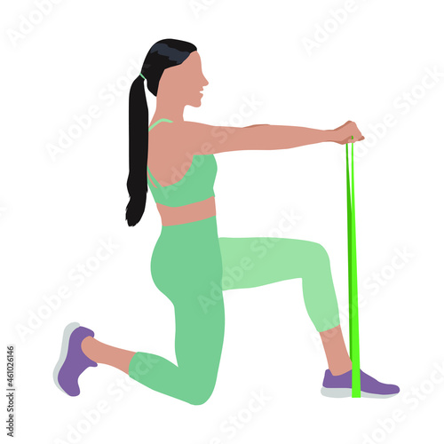 Woman doing exercise with fitness elastic band on white background. Vector illustration